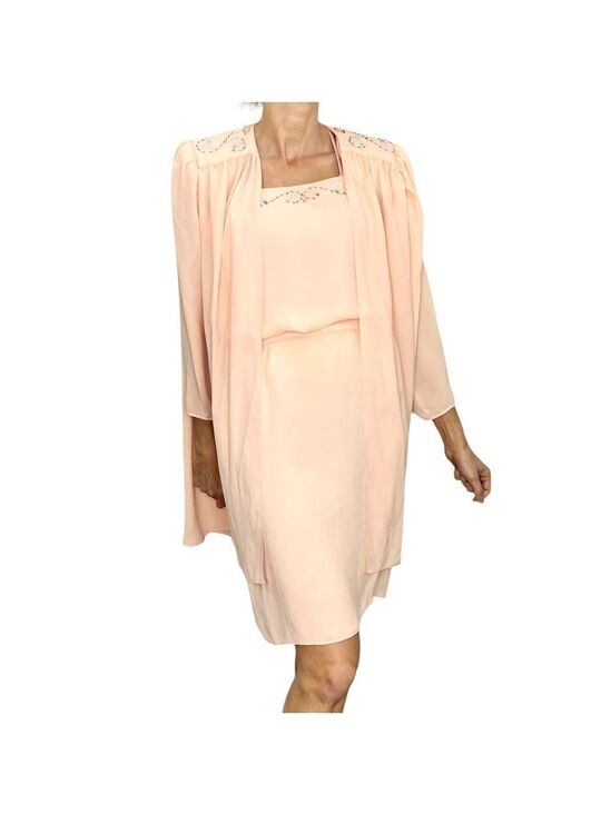 Vintage Dresses & Skirts - Vintage 80s union made beaded peach chiffon open jacket cami skirt set suit 16